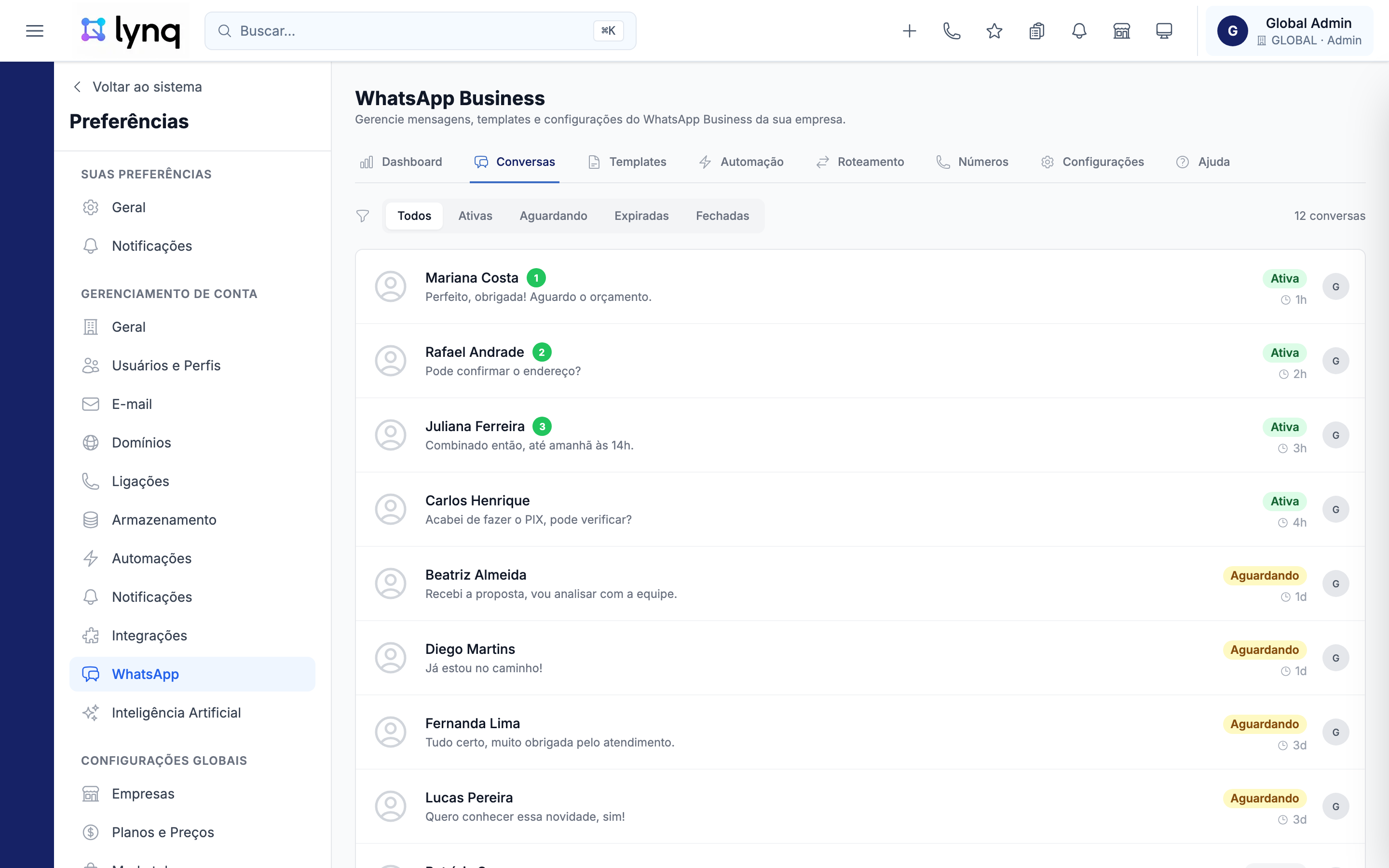 Caixa de entrada do WhatsApp Business no Lynq CRM
