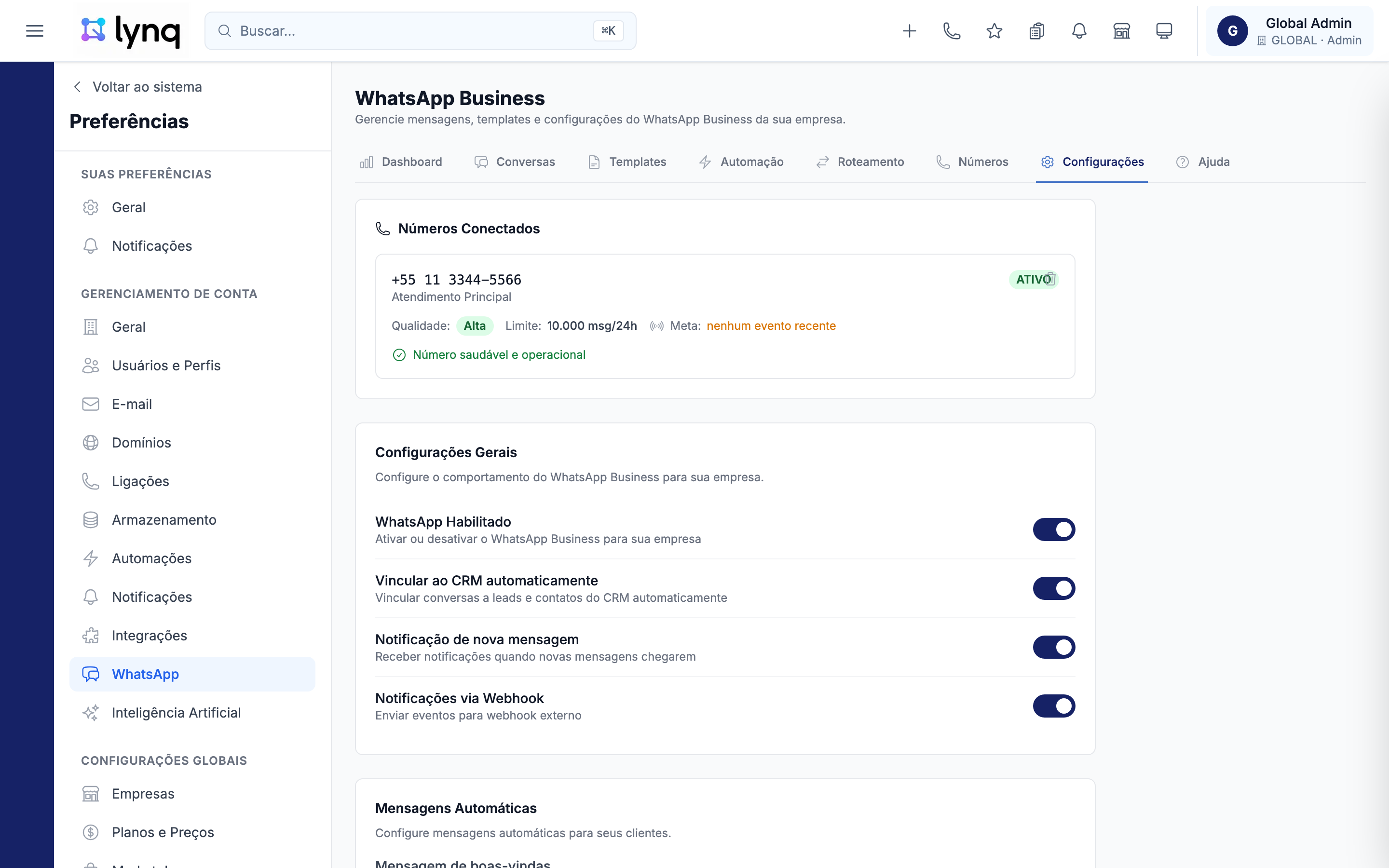Configurações da integração
